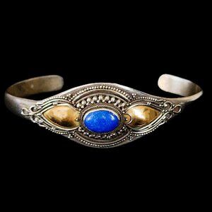 VINTAGE 80s Sterling Silver Lapis Lazuli Filigree Cuff Bracelet 925
